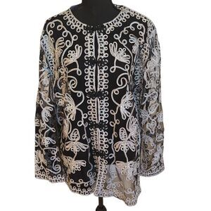 NWT Jeannie Womens Semi Sheer Dressy Black Silver Shimmer Toggle Closure Top XL